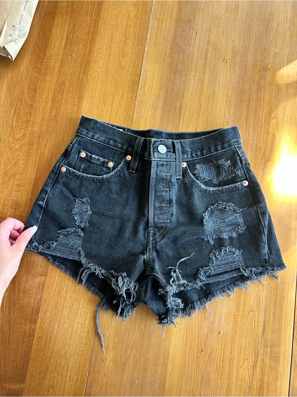 High-Waisted Black Distressed Denim Shorts